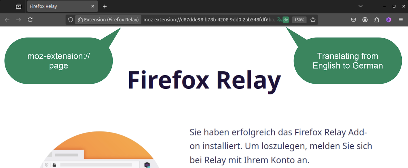Screenshot of Firefox Relay extension page translated from English to German