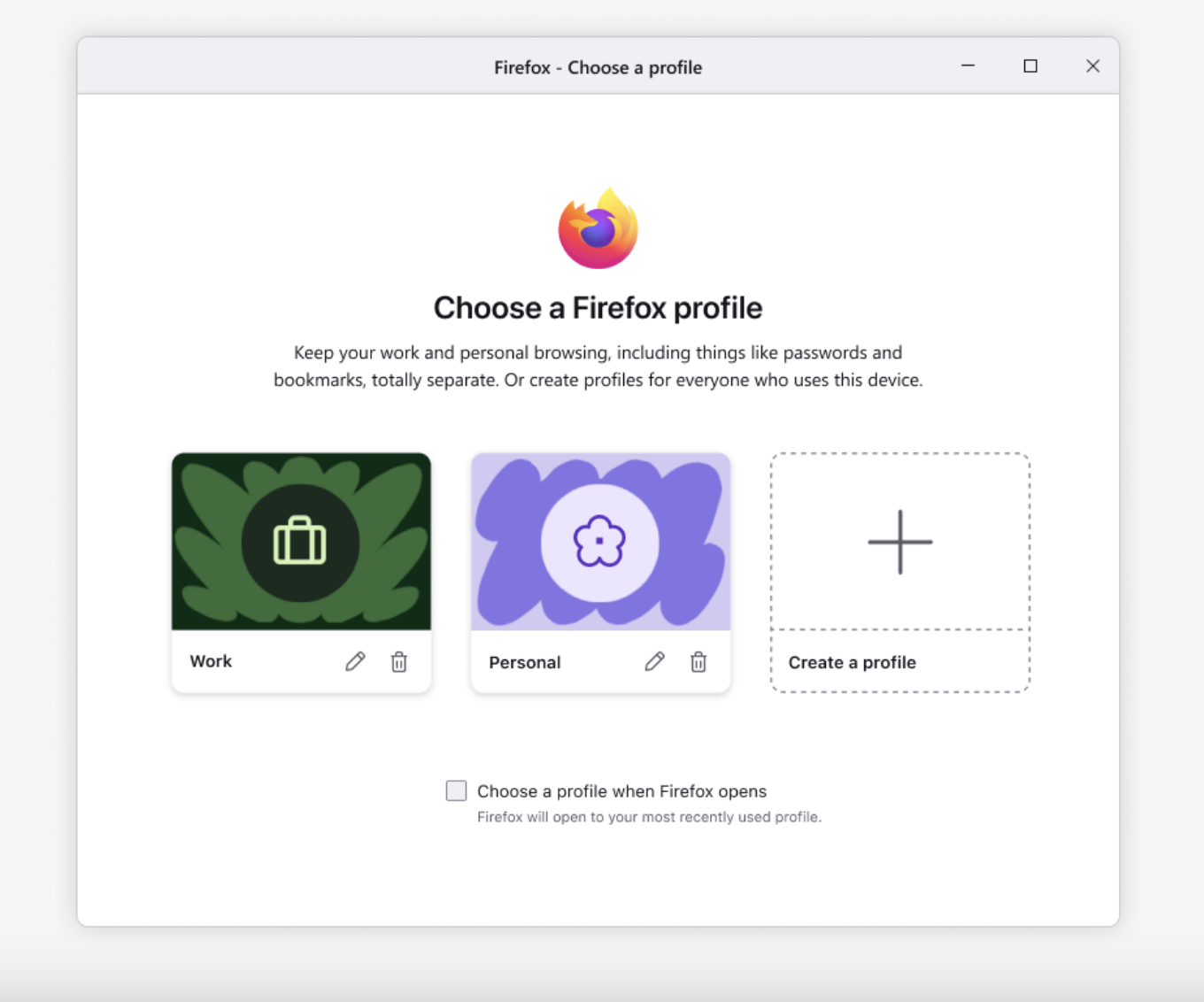 A Firefox browser window labelled “Choose a Firefox profile” with options to select a green “work” profile with a briefcase avatar or a lavender “personal” profile with a flower avatar, create a new profile, or set a specific profile when Firefox opens.