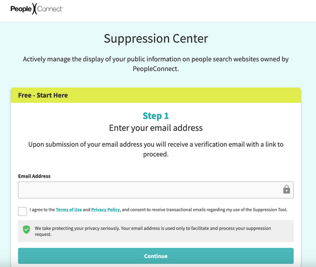 PeopleConnect Suppression Center Step 1 on guide of how to remove your data: enter your email address