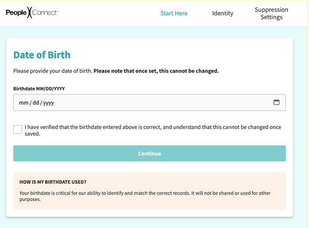 PeopleConnect: enter date of birth and verify information is correct