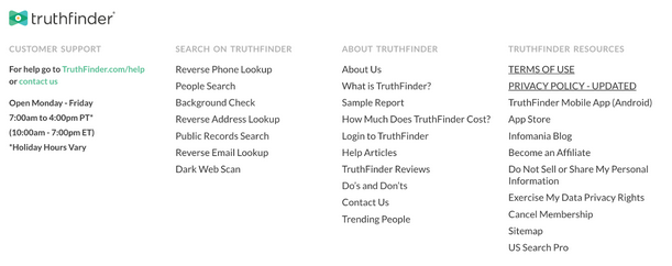 alt text: Guide on how to remove from truthfinder: Truthfinder Footer with link to "Exercise My Data Privacy Rights"