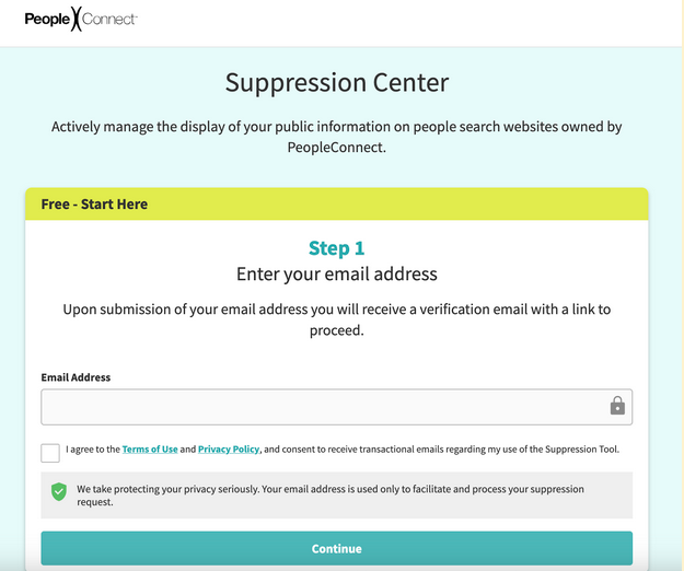 People Connect Supression Center Step 1 on guide of how to remove your data: enter your email address
