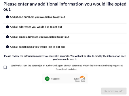 Been Verified Website: List of data to choose from to opt out